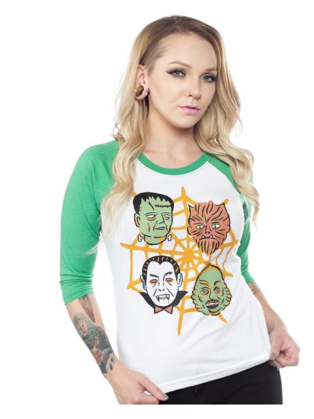 Miss Ladybug Raglan Tee with Green Sleeves and Monster Graphic size women’s S